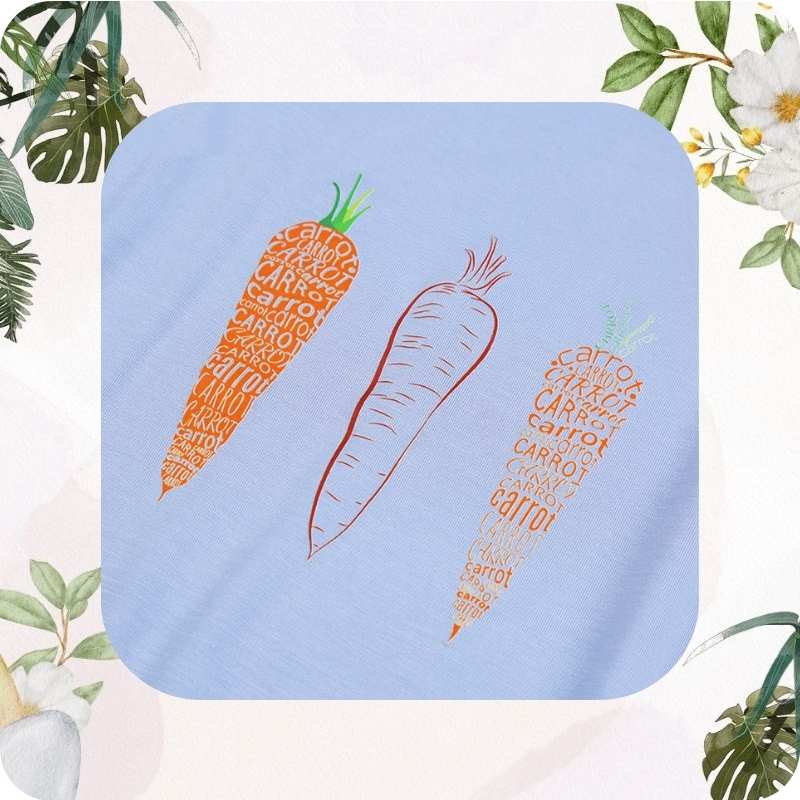 Light blue square towel with orange carrot illustrations on a floral background