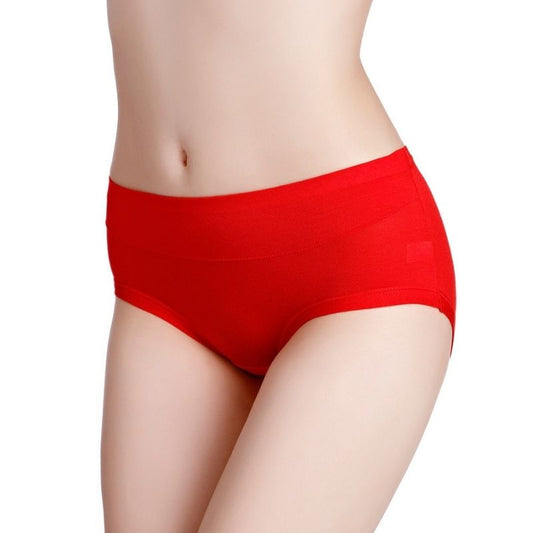 Showing the Red Women's Elastic Bamboo Fiber Mid Waist Underwear