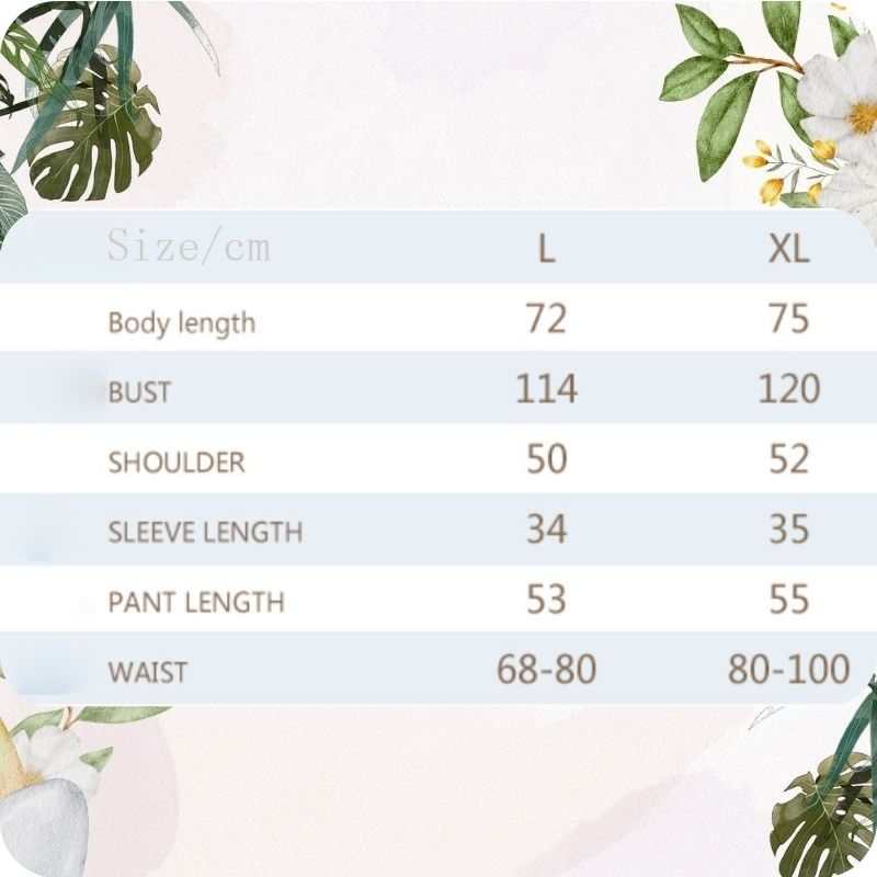 Size chart for clothing with floral decorations on a light background
