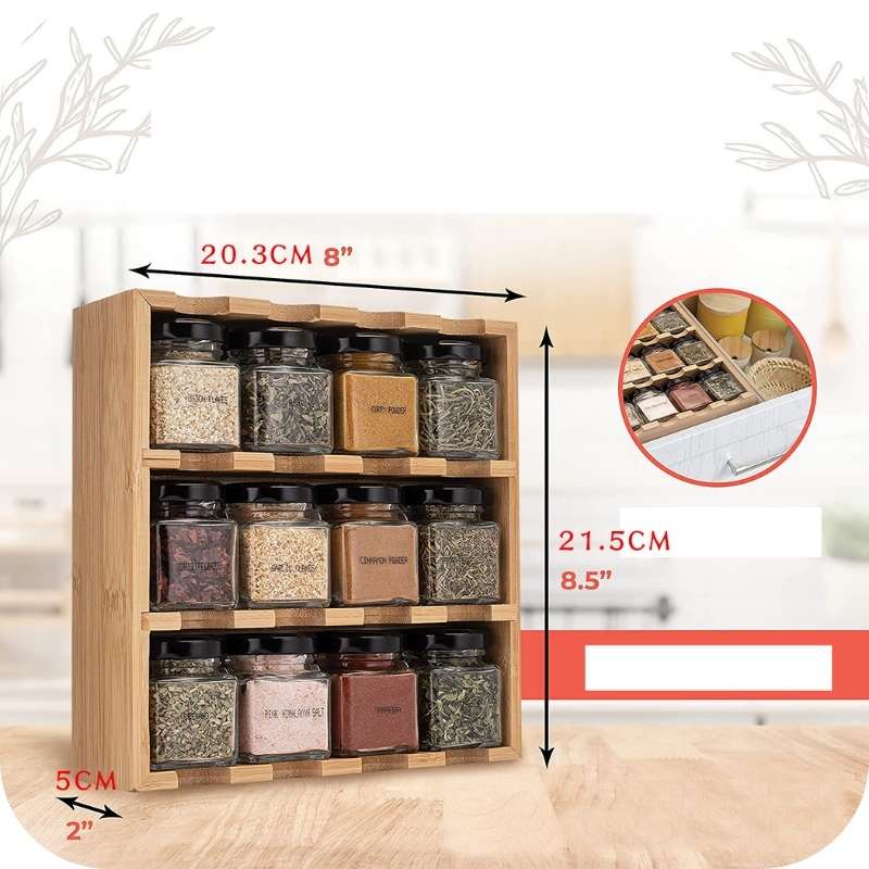 Sowing the Sizes of the Wall-mounted or Free-Standing Kitchen 12-grid Bamboo Cruet Shelf