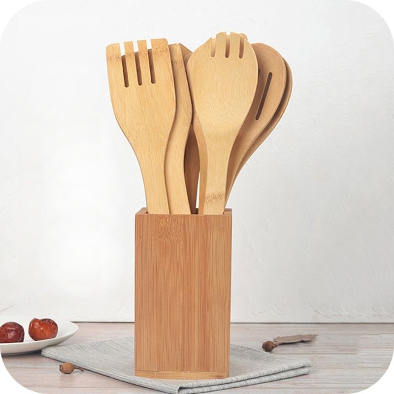 Showing The Bamboo Household Non-stick Cooking set in a Holder