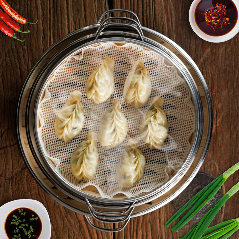 Showing the top of view the Bamboo and Stainless-Steel Steamer for Dumplings Buns Snacks and More