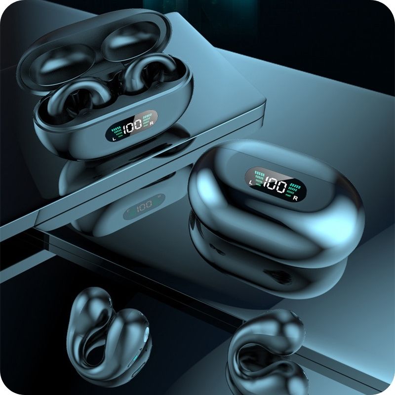 Wireless earbuds with charging case on a reflective surface
