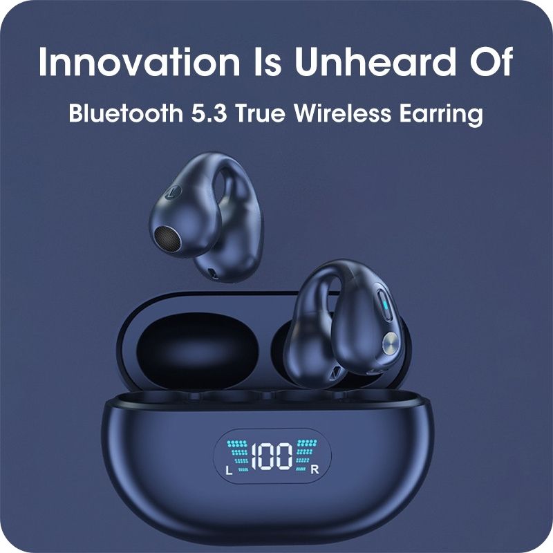 Wireless earbuds with charging case on a dark blue background, featuring text 'Innovation Is Unheard Of'.