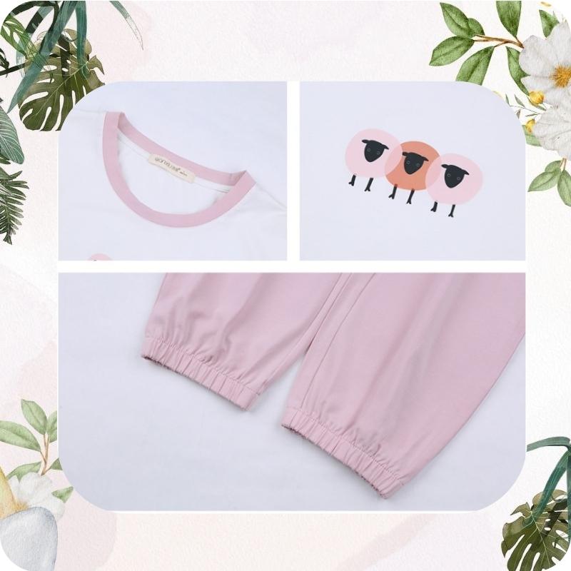 Collage of a pink outfit with a collar and pants, featuring cartoon sheep on a white background.