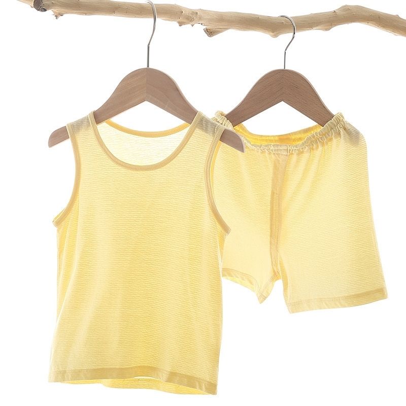 Showing the Yellow Bamboo Fiber Toddler Vest Suit on a Hanger