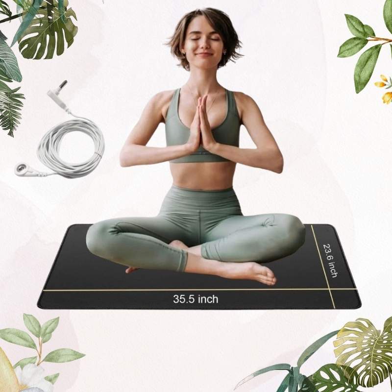 Black grounding yoga mat made of conductive leather, designed to support balance, circulation, and natural earthing during exercise