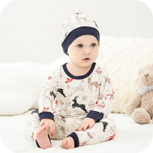 Showing a Small Boy Wearing the Bamboo Fiber Baby Pajamas