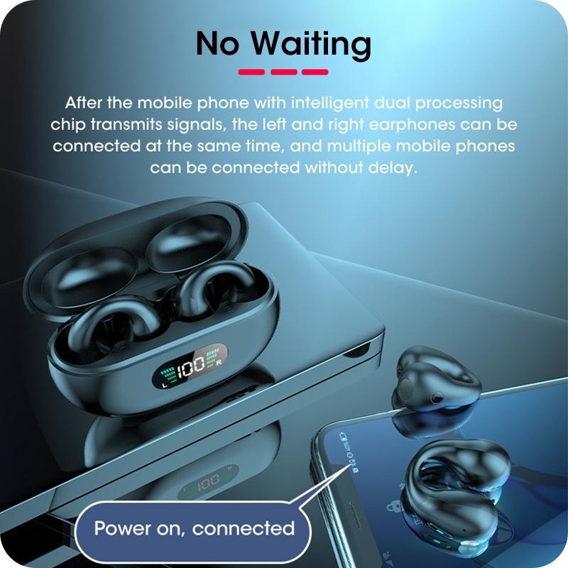 Wireless earbuds with charging case on a reflective surface, with text about signal transmission.