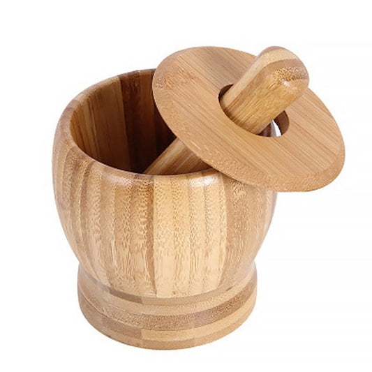 Showing the Single Wooden Bowl Grinder Crusher for Guacamole Pepper Garlic